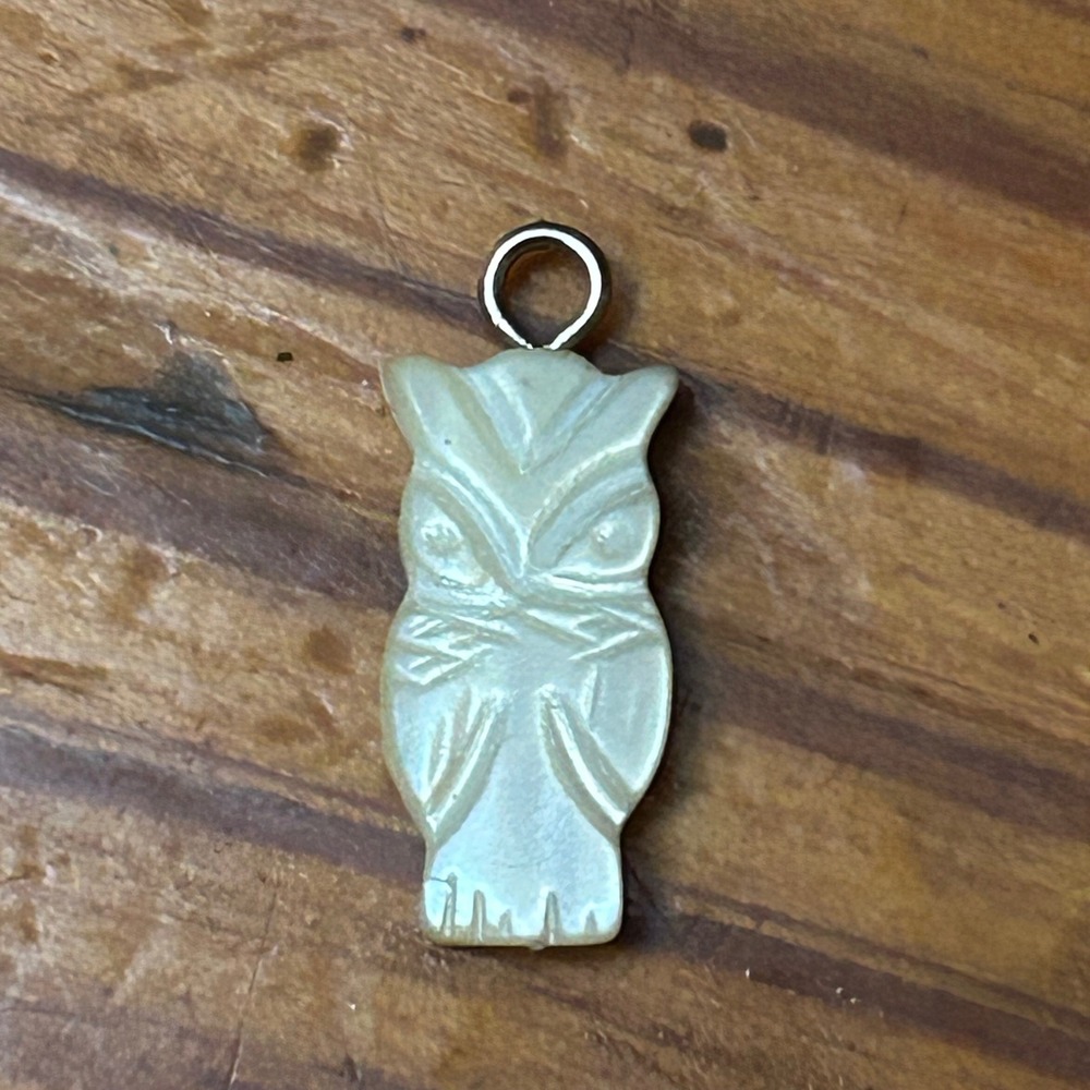 Vintage Hand Carved Mother of Pearl Owl Pendant Iridescent Shell Bird Charm